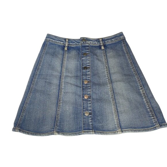 Faded Glory Button Front Denim Mini Skirt Size 6 Faded Mid Rise Stretch Boho - Picture 1 of 7
